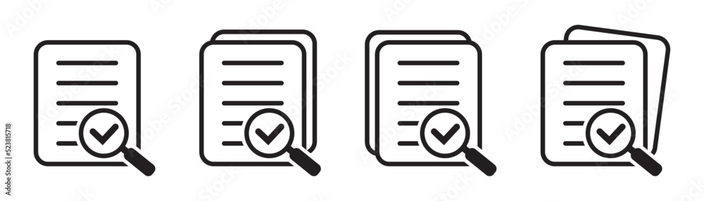 Wall mural magnifying glass check document icon. papers with business report and magnifying glass. process and 