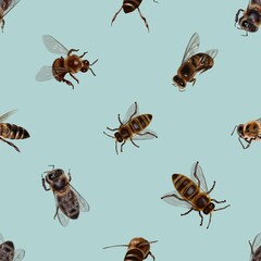 Watercolor seamless pattern of honey bees. Realistic illustration of bees