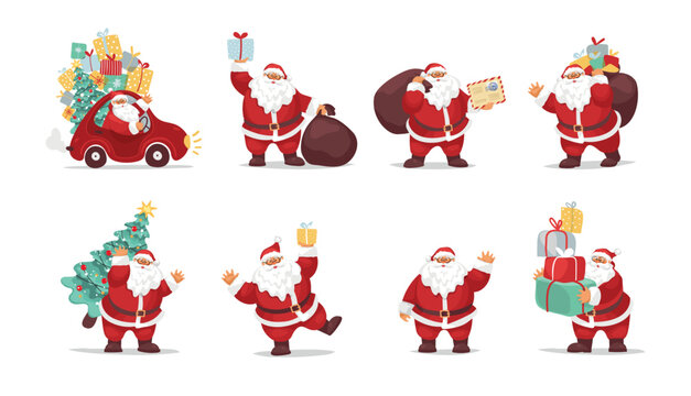 Santa Claus With Gifts, Sack, With New Year Tree, Set Of Christmas Characters For Design. Flat Cartoon New Year Fat Grandfather With Beard. Papa Noel. Vector Collection Isolated On White Background.