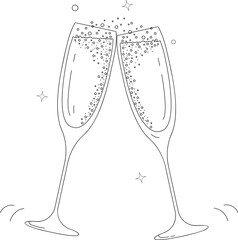 two glasses of champagne isolated on white in line art style - obrazy, fototapety, plakaty