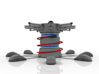 3d rendering aux cable with computer database under CCTV Camera around mouse