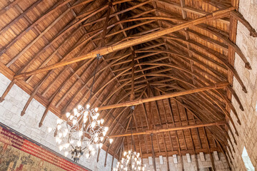 Guimaraes, Portugal. The wooden ceiling of the Palace of the Dukes of Braganza, with the shape of...