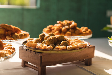 Wedding & Celebration buffet with fried food and tasty appetizers.
Hotel beautiful dining buffet with spring rools and ascoli olives.