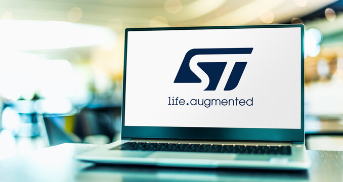 Laptop computer displaying logo of STMicroelectronics