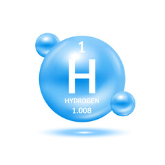 Hydrogen molecule models blue and chemical formulas scientific element. Natural gas. Ecology and biochemistry concept. Isolated spheres on white background. 3D Vector Illustration. © Adisak