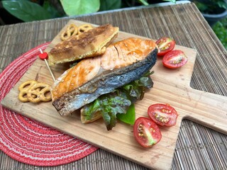 Salmon waffle sandwiches and mini pretzel