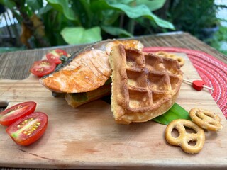 Salmon waffle sandwiches and mini pretzel