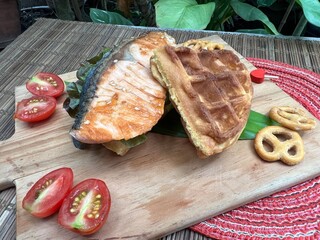 Salmon waffle sandwiches and mini pretzel
