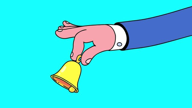 bell, alarm, hand, cartoon, animation, ring, school, work, holidays, servant, isolated, call, phone, door, open, palm, fingers, explainer, motion, graphics, court, bench, start, case, golden, yellow, 