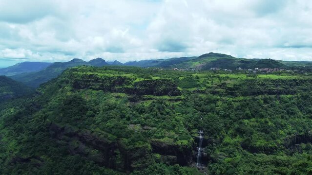 Aerial view of green Monsoon landscape at Khandala near Pune India. Monsoon is the annual rainy season in India from June to September.