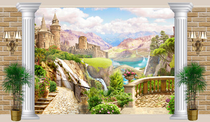 Photo wallpaper with a terrace overlooking the old town with waterfalls in the mountains. Digital mural.