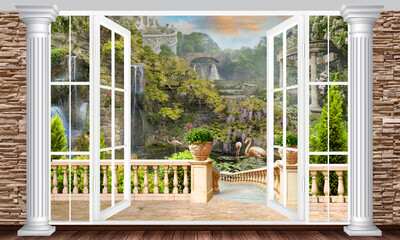 Landscape with a park and flamingos. View from the terrace. Digital illustration. Photo wallpapers. The fresco.