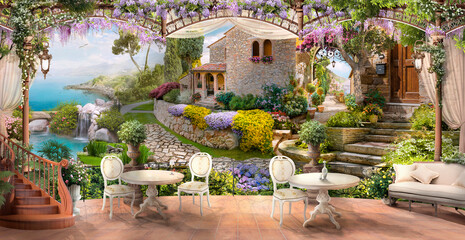 Cafe on the summer terrace overlooking the coast. Photo wallpapers. The fresco. Digital illustration. - obrazy, fototapety, plakaty