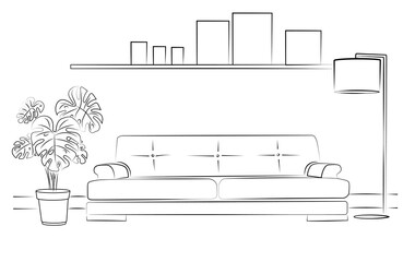 Illustration of a modern living room interior. Lounge seating area with sofa and pillows, coffee table, potted plants, bookshelf and picture on the wall.