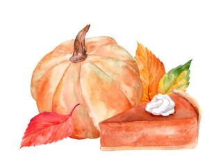 Watercolor sliced ​​pumpkin pie, ripe pumpkin and autumn leaves. Autumn banner. Thanksgiving Day