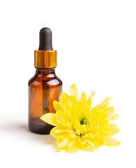 Essential oil of yellow chrysanthemum flower in a dark (brown) bottle with a pipette (bubble) on a white isolated background. Aromatherapy, spa. Oil for aroma lamps. Template for the design.