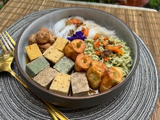 Various tofu and vegetable noodle with fish balls