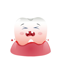 Cute cartoon with the injured tooth causing bleeding and pain in the gums children dentistry concept. 