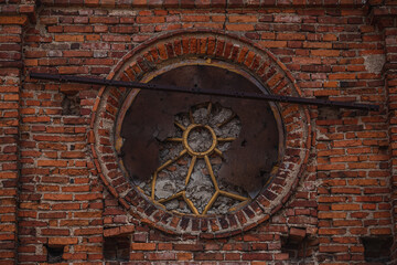 Symbols on the facade of the old synagogue - an abandoned historical building - Jewish culture and religion