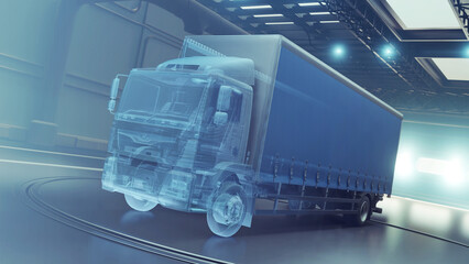 Concept Futuristic truck with trailer scene with wireframe intersection. Garage or parking for truck and bus. Hologram transition in render. 3d rendering
