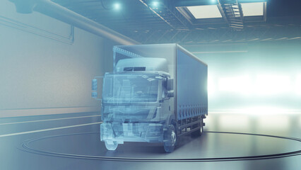 Concept Futuristic truck with trailer scene with wireframe intersection. Garage or parking for truck and bus. Hologram transition in render. 3d rendering