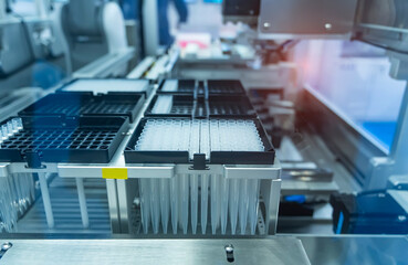 hitech biochemistry laboratory equipment details closeup with test tube for biological experiments...