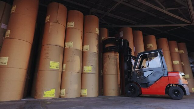 A forklift is carrying paper at the factory. The forklift is carrying a large roll of paper. Loader at the wallpaper factory