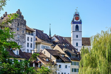 Aarau, Stadtkirche, Kirche, Altstadt, Altstadthäuser, Turm Rore, Stadt, Aare, Fluss, Sommer,...