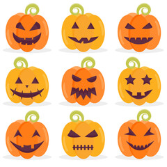 Halloween pumpkin with scary smiling face icon set on white background. Cute cartoon autumn symbol decoration. Vector illustration.