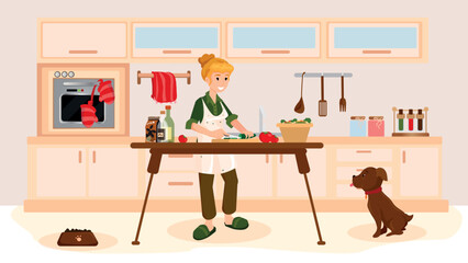 Happy housewife preparing food in her home kitchen. Concepts of lifestyles such as home life, housework. Food preparation concept.