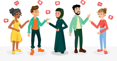 Vector illustration of a multinational group of people having a dialogue with each other. They have different cultures and different communication. Racial diversity concept.
