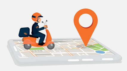 A motor courier on his way through the city to deliver his order. Fast delivery courier to the given location. Product delivery application and new technology concepts. © focuscolors