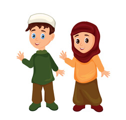 Happy muslim boy and girl cartoon. Two children, who are understood to have Islamic faith from their covered clothes. Religion, Worshipping, praying and the Islamic world concepts.