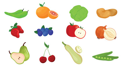 A set of colorful and delicious fruits and vegetables icons. Healthy lifestyle and vegan life and their foods concept.