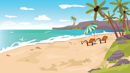 Fototapeta na wymiar Vector illustration of beach of a resort in summer. Summer season, holiday plans and holiday destinations. Tropical beach background.