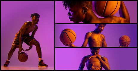 Collage. Young man, basketball player posing with ball isolated over purple neon background.