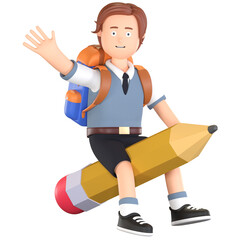 boy school student holding book and riding pencil 3D cartoon illustration