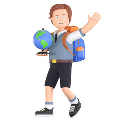 boy school student holding earth globe and waving hand 3D cartoon illustration