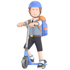 boy school student riding scooter go to school 3D cartoon illustration