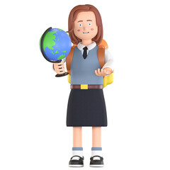 girl school student holding earth globe and waving hand 3D cartoon illustration