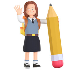 girl school student holding pencil and waving hand 3D cartoon illustration