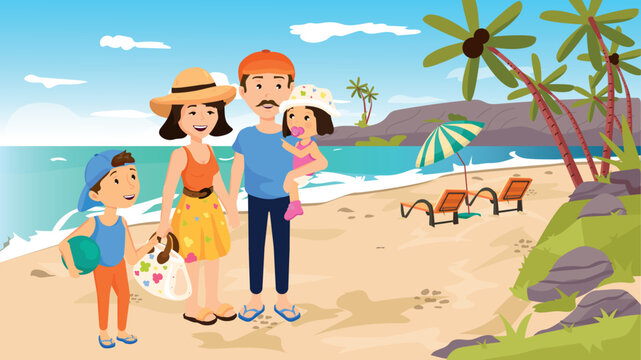 A nuclear family who wants to spend their summer vacation by the sea. Summer season holidays, sunny days and sea pleasure concepts. Tourism and tourist life.