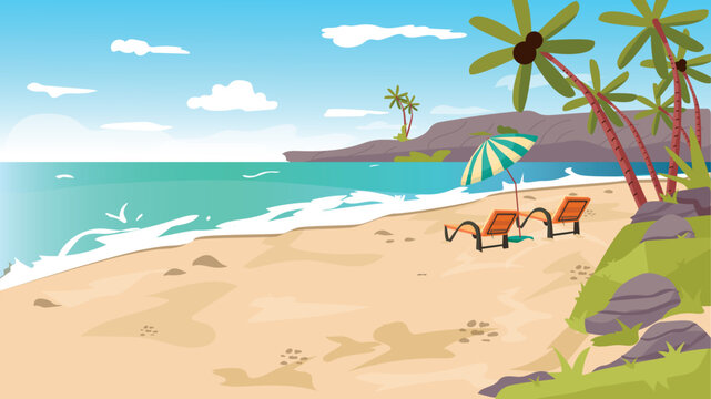 Vector illustration of beach of a resort in summer. Summer season, holiday plans and holiday destinations. Tropical beach background.
