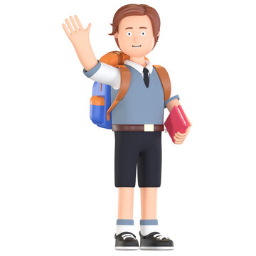 boy school student holding book and waving hand 3D cartoon illustration