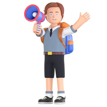 boy school student holding megaphone 3D cartoon illustration