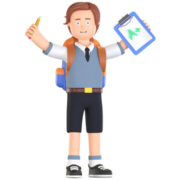 boy school student happy with exam test result 3D cartoon illustration