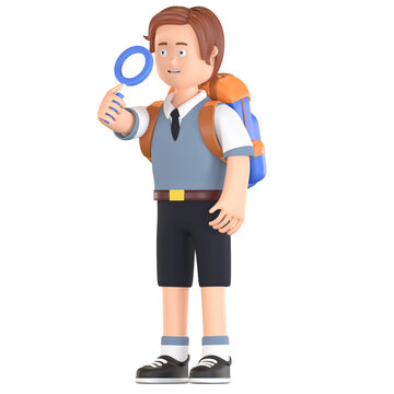 boy school student holding magnifier 3D cartoon illustration