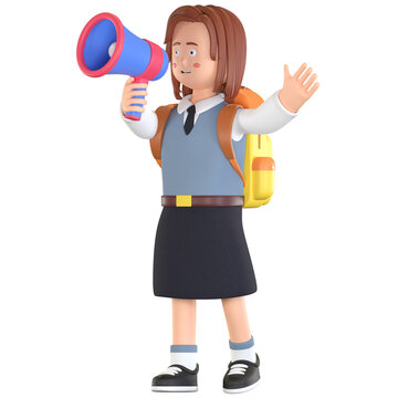 girl school student holding megaphone 3D cartoon illustration