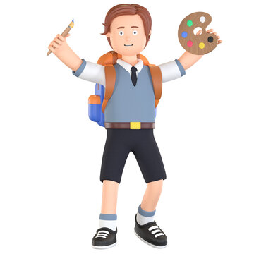 boy school student happy holding color palette board and brush 3D cartoon illustration