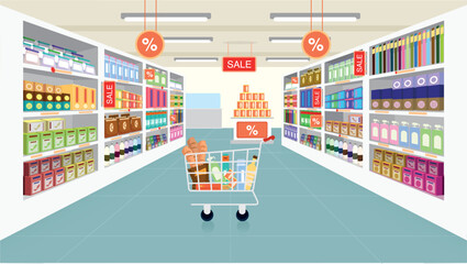 Interior design of a supermarket and grocery shopping. everyday necessities. Supermarket aisle with shelves and full shopping cart, retail and consumerism concept.
